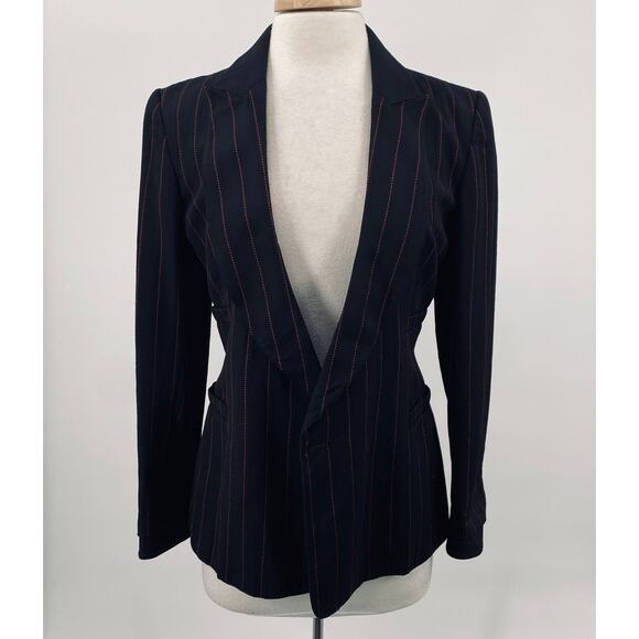 State of Claude Montana Blazer Wool Pinstripe Open Front Black Red Womens 8 42 - Picture 6 of 13